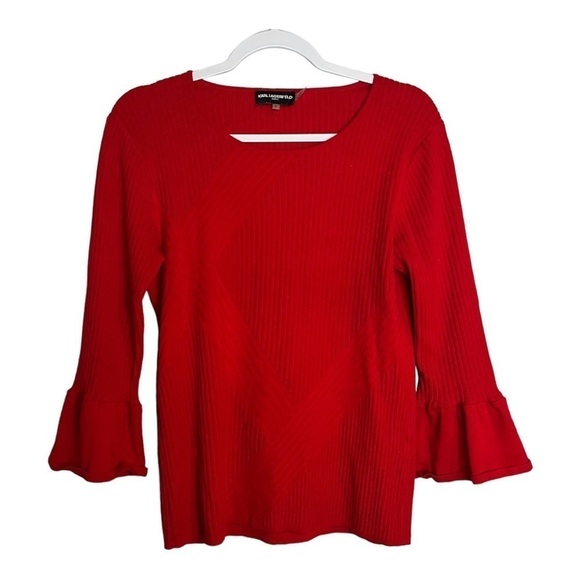 Karl Lagerfeld Red Bell Sleeve Sweater Size Medium Wool Blend Valentines Day - Picture 1 of 6